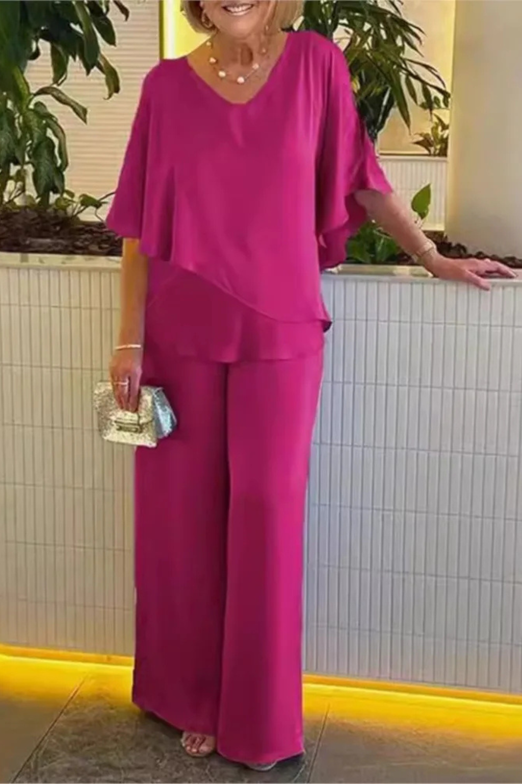 Femme Ensemble Deux Pièces avec Top à Volants et Pantalon Large