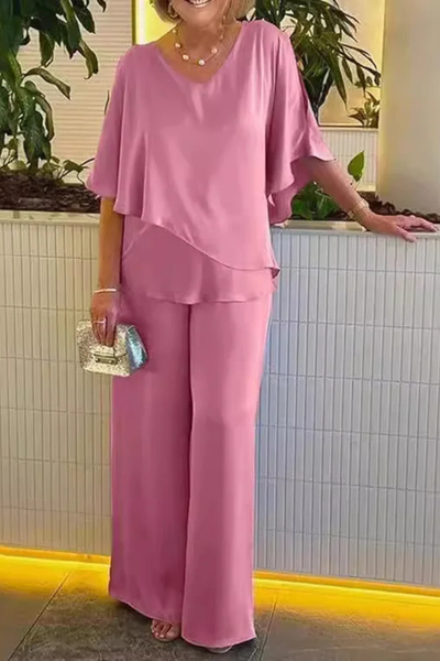 Femme Ensemble Deux Pièces avec Top à Volants et Pantalon Large