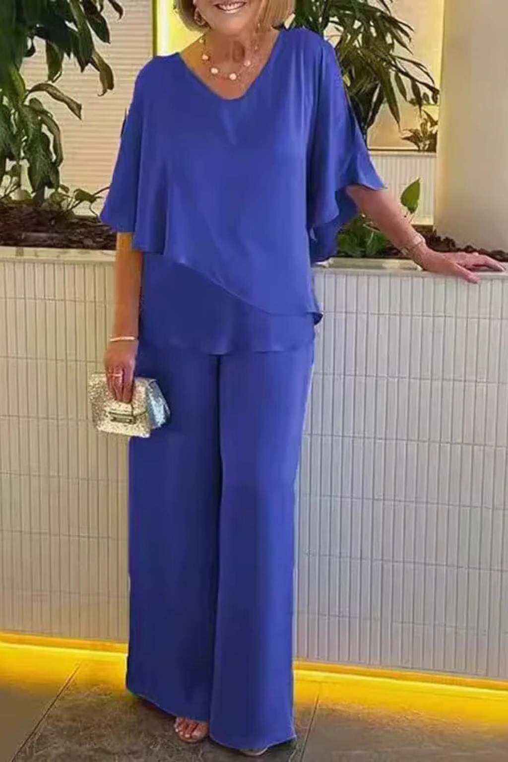 Femme Ensemble Deux Pièces avec Top à Volants et Pantalon Large