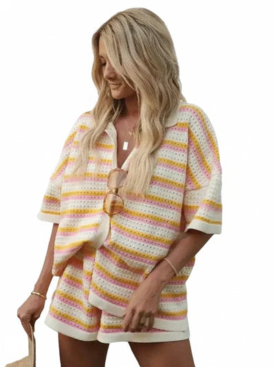 Femme Ensemble Deux Pièces Chemise Manches Courtes et Short à Rayures