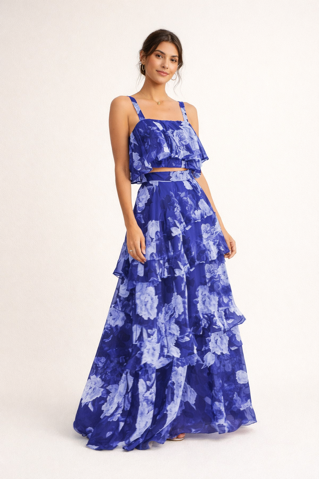 Femme Ensemble Deux Pièces Fleuri avec Crop Top à Volants et Jupe Longue à Étages
