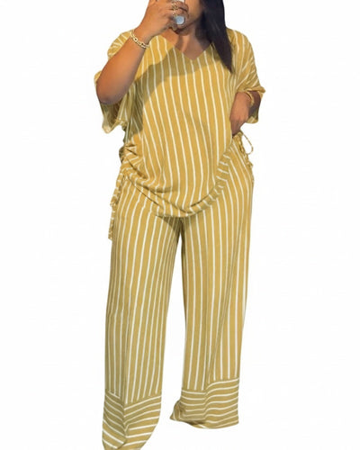 Femme Ensemble Deux Pièces Rayé à Col en V avec Top Manches Courtes à Fronces et Pantalon Large
