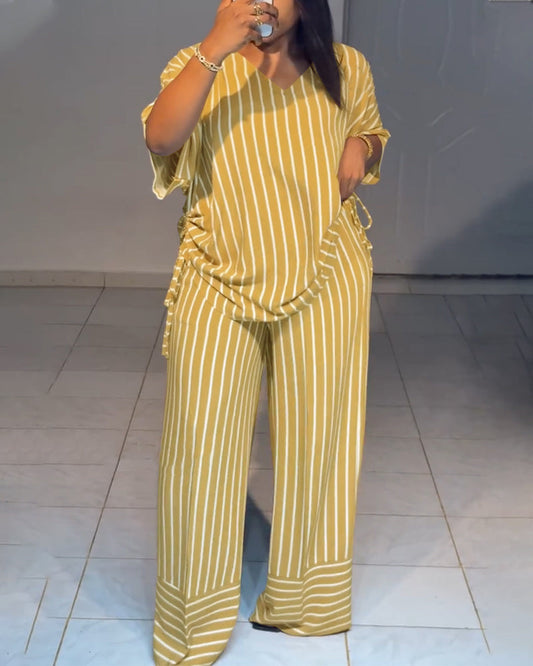 Femme Ensemble Deux Pièces Rayé à Col en V avec Top Manches Courtes à Fronces et Pantalon Large