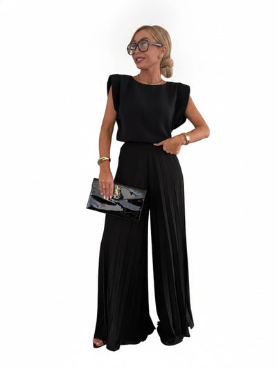 Femme Ensemble Deux Pièces Sans Manches avec Pantalon Plissé Large et Col Rond
