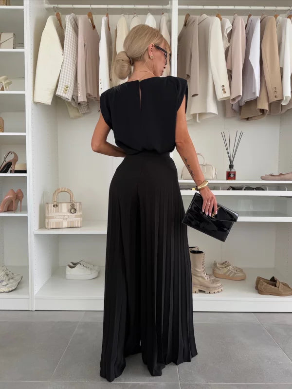Femme Ensemble Deux Pièces Sans Manches avec Pantalon Plissé Large et Col Rond