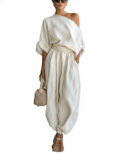 Femme Ensemble Épaule Dénudée avec Top Oversize et Pantalon Sarouel Long