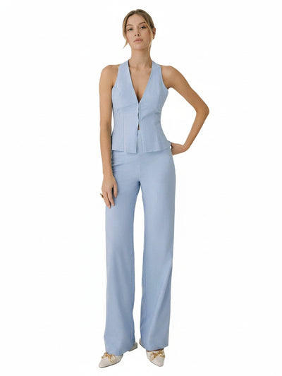 Femme Ensemble Gilet sans Manches et Pantalon Large à Col V