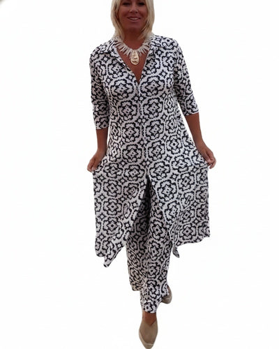 Femme Ensemble Pantalon Imprimé Vintage avec Blouse Manches Trois-quarts et Revers