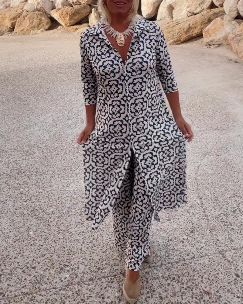 Femme Ensemble Pantalon Imprimé Vintage avec Blouse Manches Trois-quarts et Revers