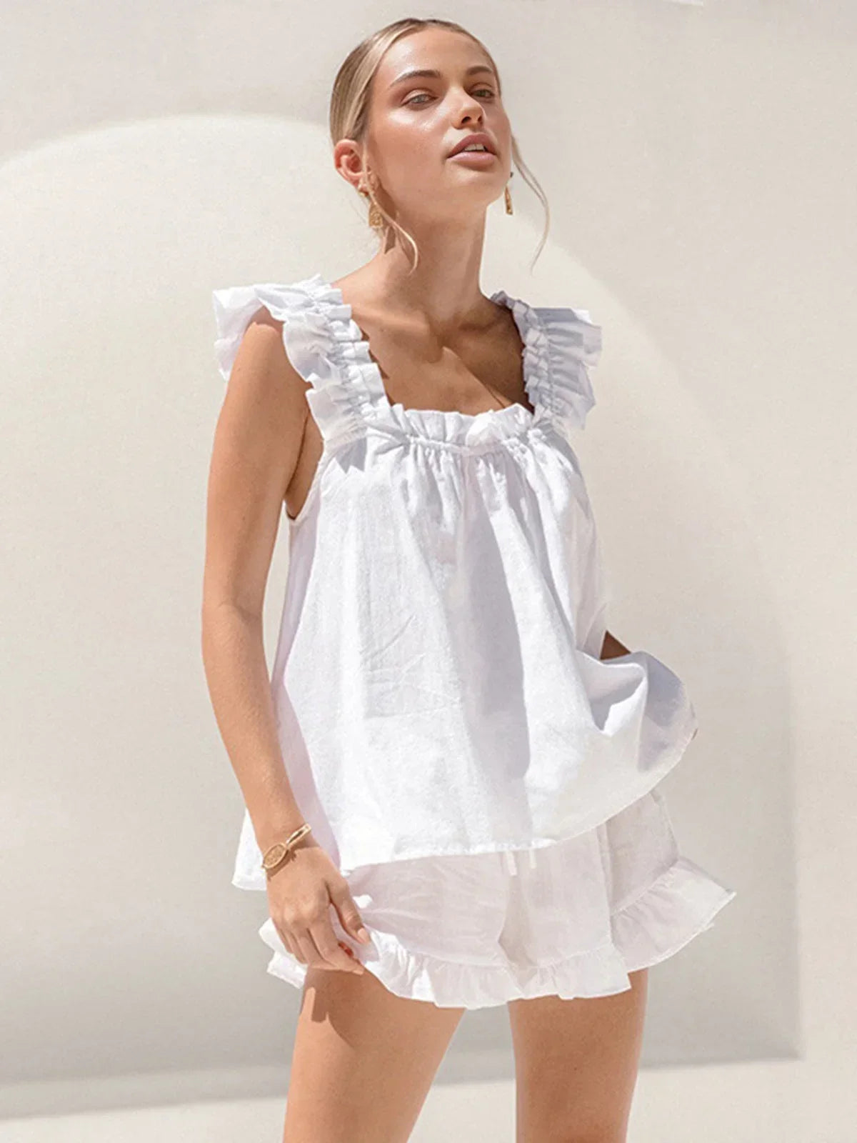 Femme Ensemble Sans Manches à Volants avec Short
