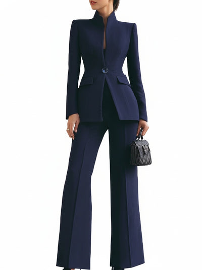 Femme Ensemble Tailleur Blazer à Col Montant et Pantalon Évasé Slim Fit