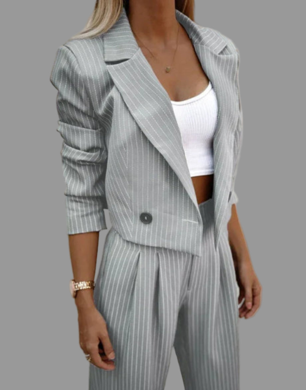 Femme Ensemble Tailleur Rayé Blazer Court et Pantalon Large