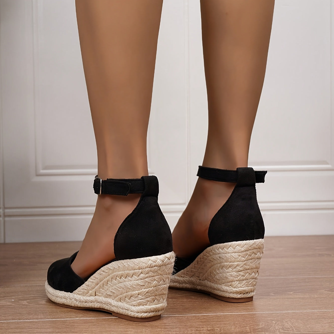 Femme Espadrilles à Talon Compensé avec Bride à Boucle et Bout Fermé