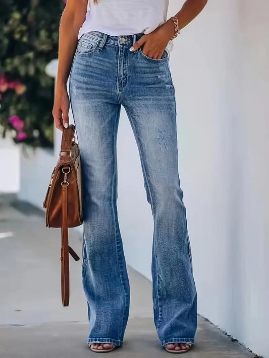 Femme Jean Bootcut Taille Haute Délavé avec Poches