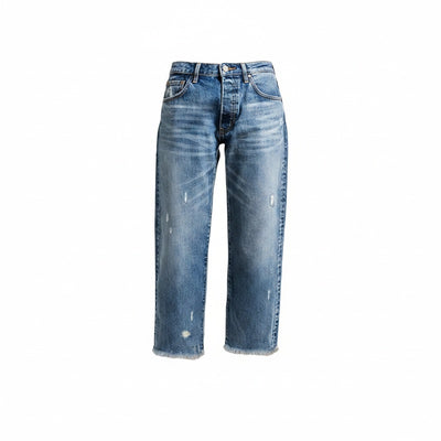 Femme Jean Droit Taille Haute Déchiré avec Ourlet Effiloché