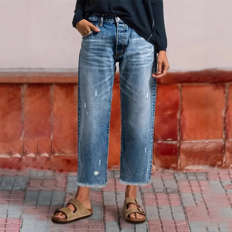 Femme Jean Droit Taille Haute Déchiré avec Ourlet Effiloché