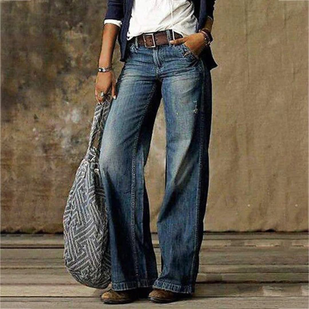 Femme Jean Large Taille Basse Style Vintage Délavé