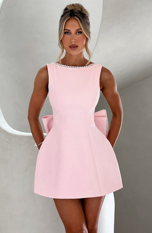 Femme Mini Robe sans Manches A-ligne avec Nœud au Dos et Col Orné de Perles