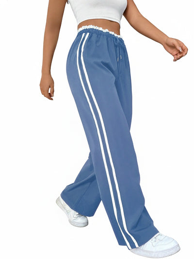 Femme Pantalon de Sport Large avec Bandes Latérales et Taille Élastique