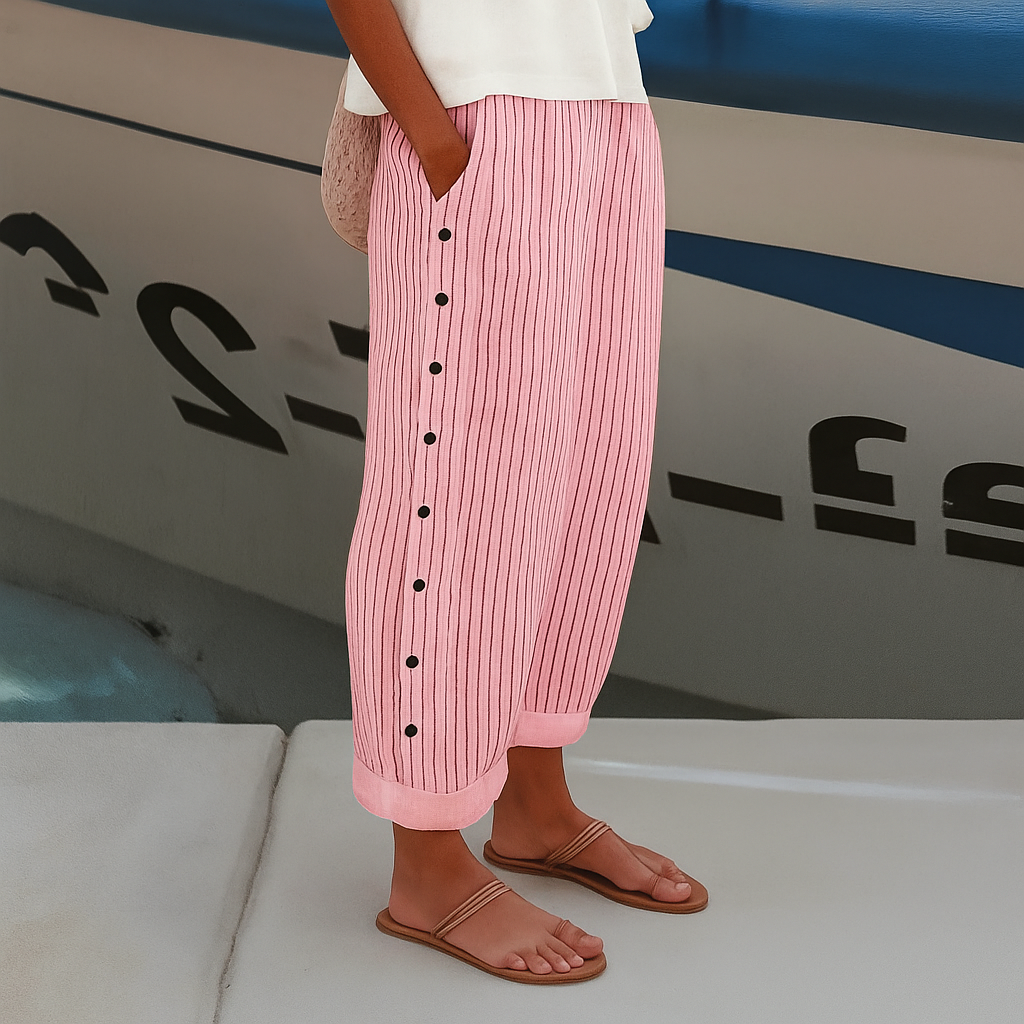 Femme Pantalon Large à Rayures avec Détail Boutons Taille Haute
