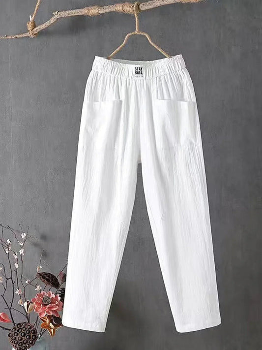 Femme Pantalon Large Taille Élastique avec Poches Plaquées