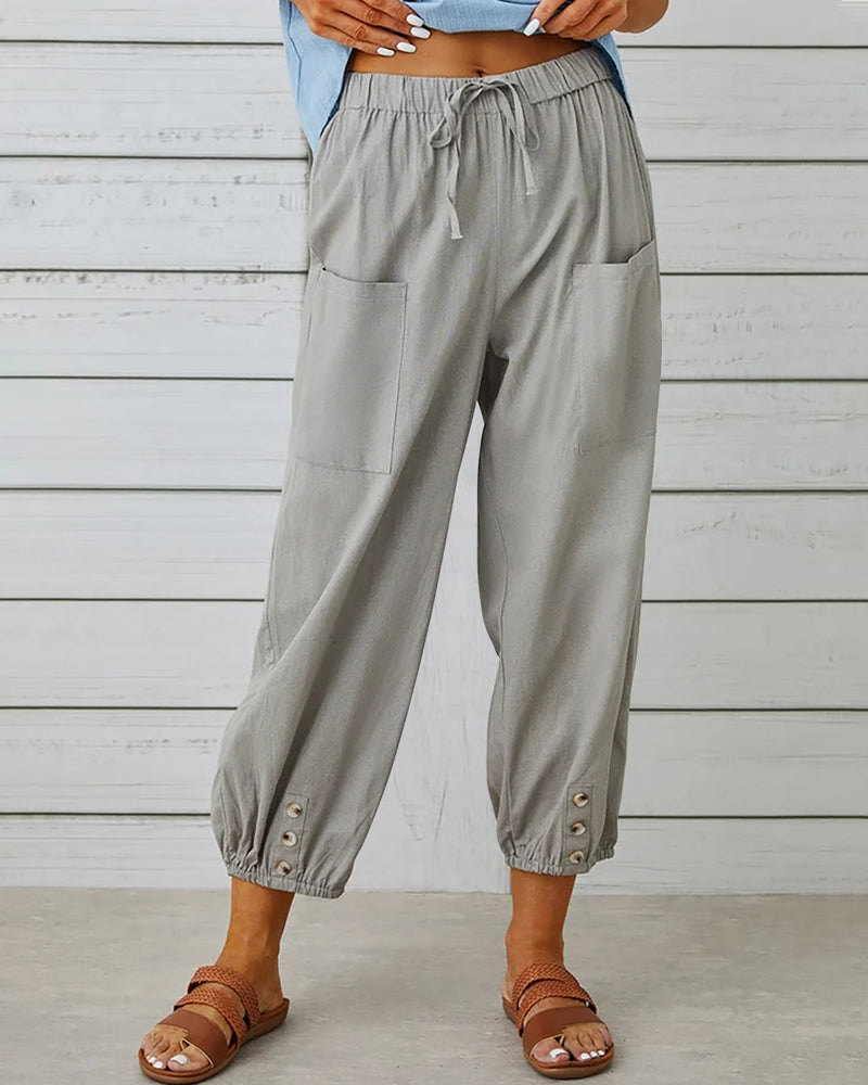 Femme Pantalon Sarouel Sept Huitièmes Taille Élastique avec Poches et Boutons