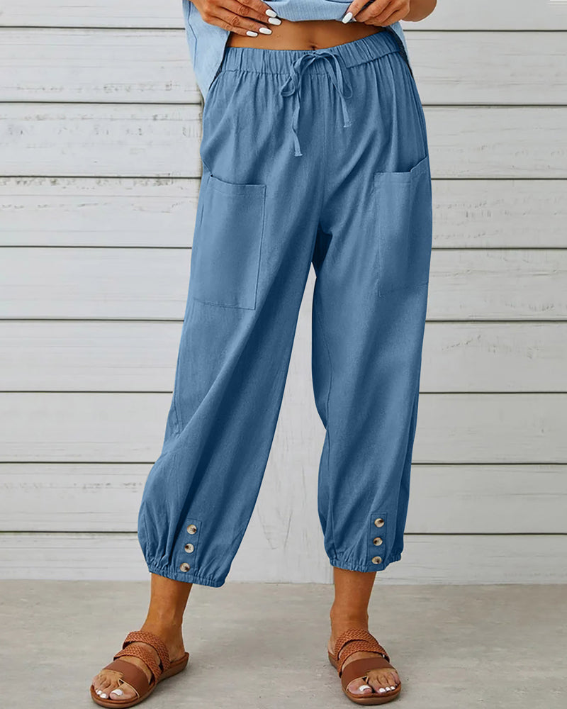 Femme Pantalon Sarouel Sept Huitièmes Taille Élastique avec Poches et Boutons