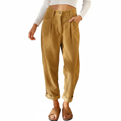 Femme Pantalon Taille Haute à Jambes Amples avec Revers