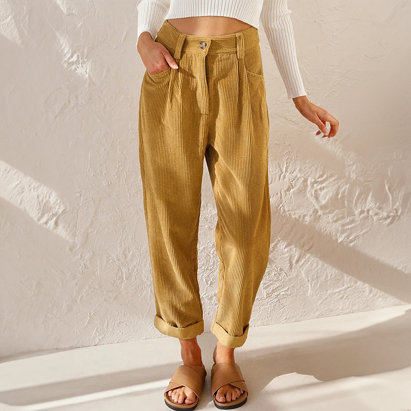 Femme Pantalon Taille Haute à Jambes Amples avec Revers