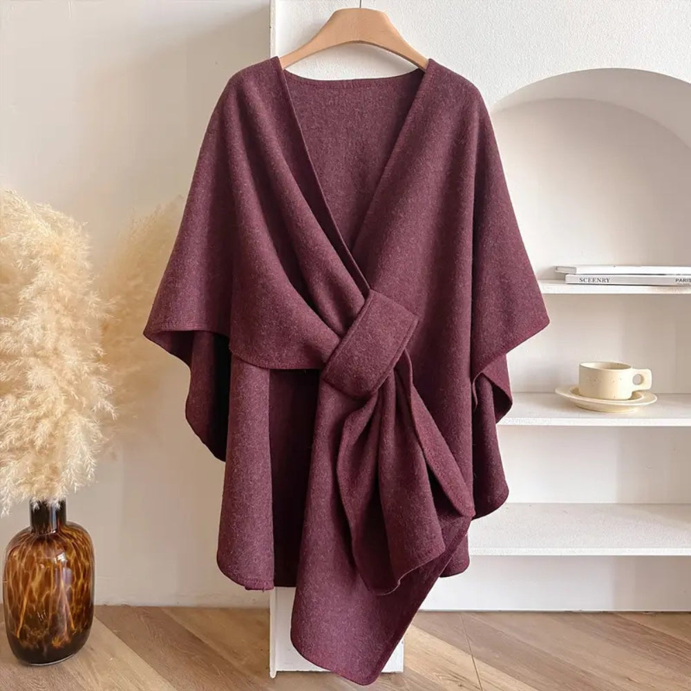 Femme Poncho Cape à Col Châle Oversize avec Ceinture Croisée