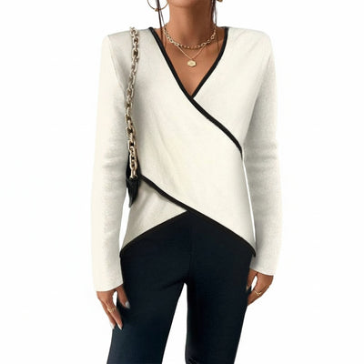 Femme Pull Col en V Croisé Manches Longues avec Liserés Contrastés