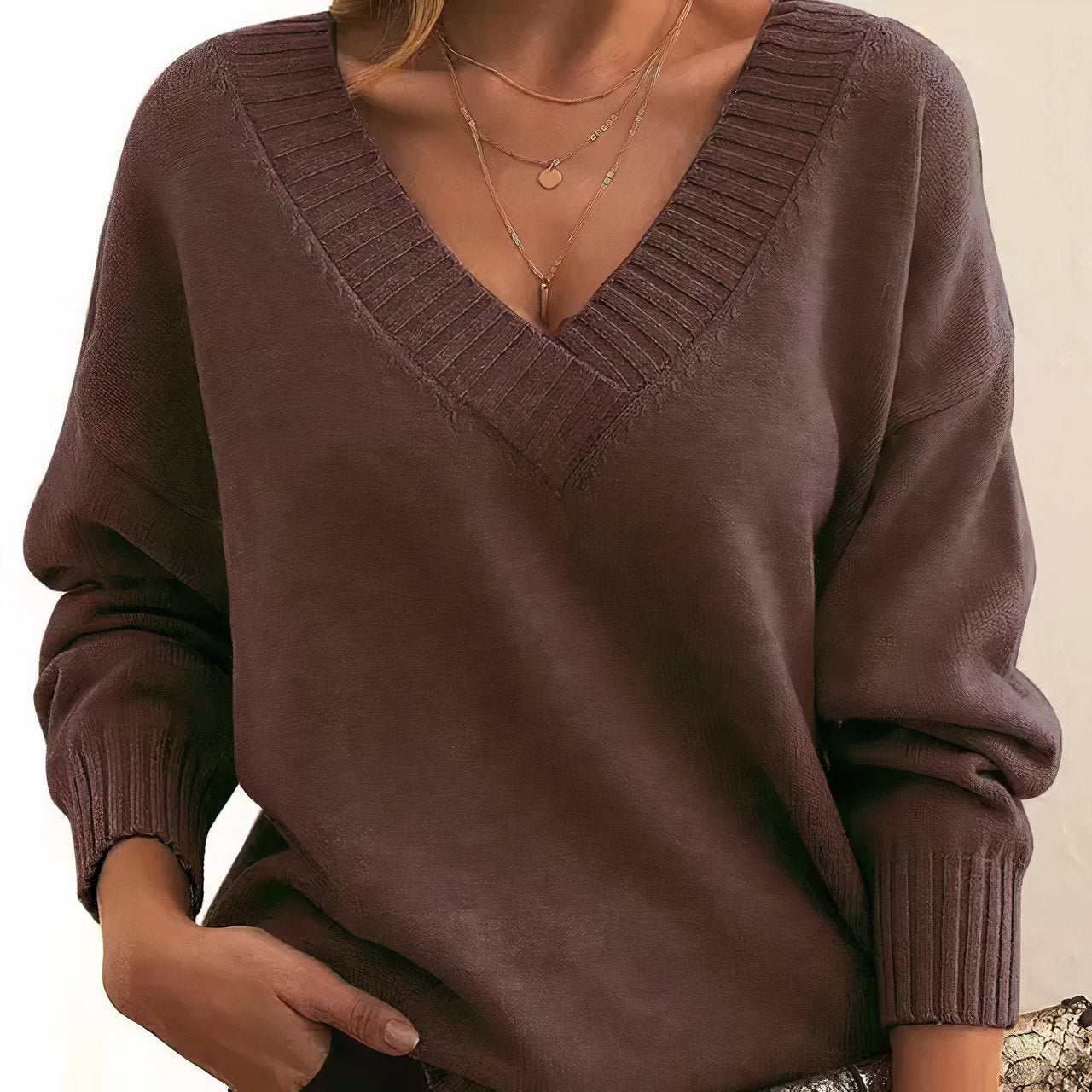 Femme Pull Col en V Manches Longues Oversize avec Finitions Côtelées