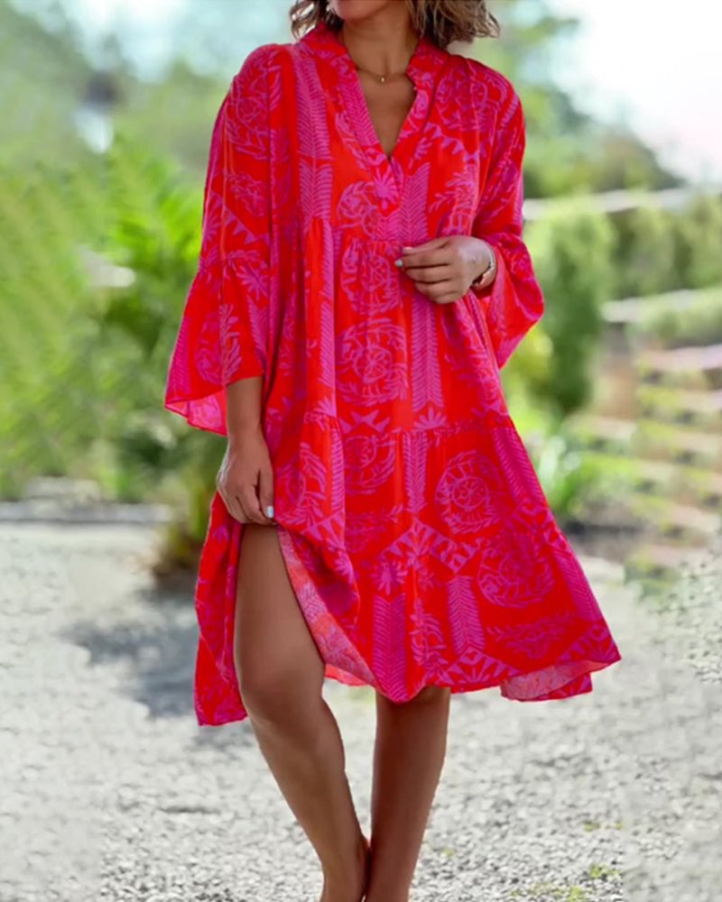 Femme Robe Boho Midi Ample à Col en V et Manches Trois-quarts Évasées avec Imprimé Géométrique