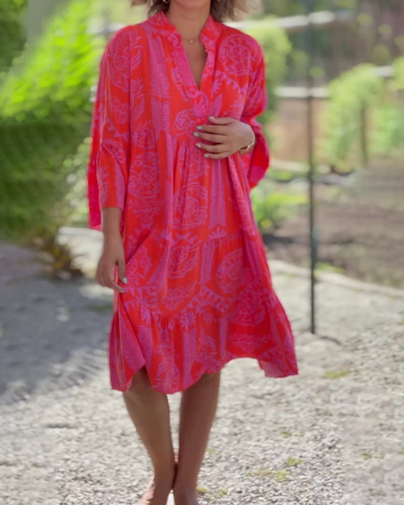 Femme Robe Boho Midi Ample à Col en V et Manches Trois-quarts Évasées avec Imprimé Géométrique