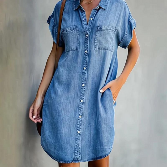 Femme Robe Chemise Jean Courte Manche Courte avec Col Chemisier et Poches