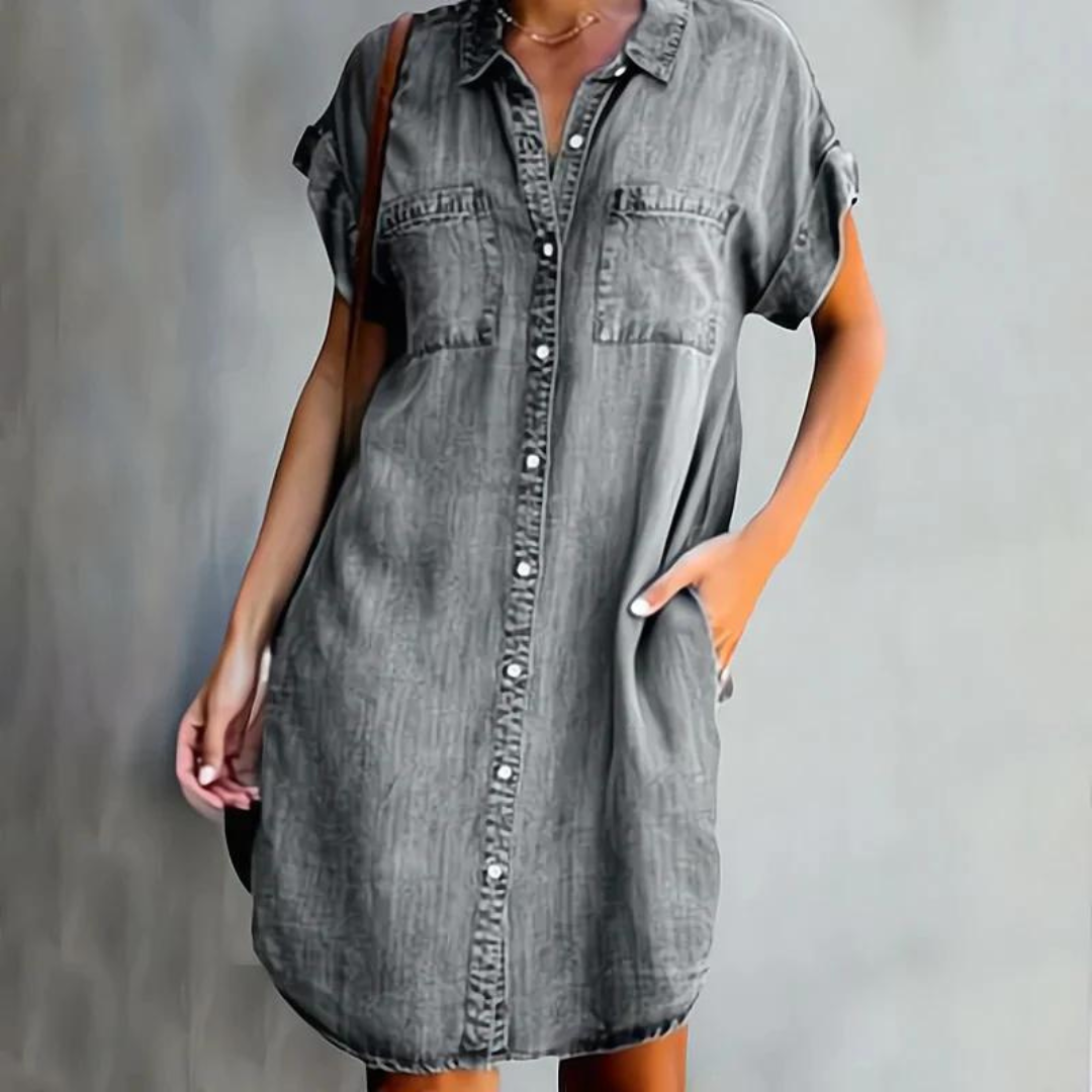 Femme Robe Chemise Jean Courte Manche Courte avec Col Chemisier et Poches
