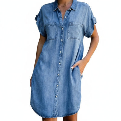 Femme Robe Chemise Jean Courte Manches Courtes avec Col Rabattu et Poches