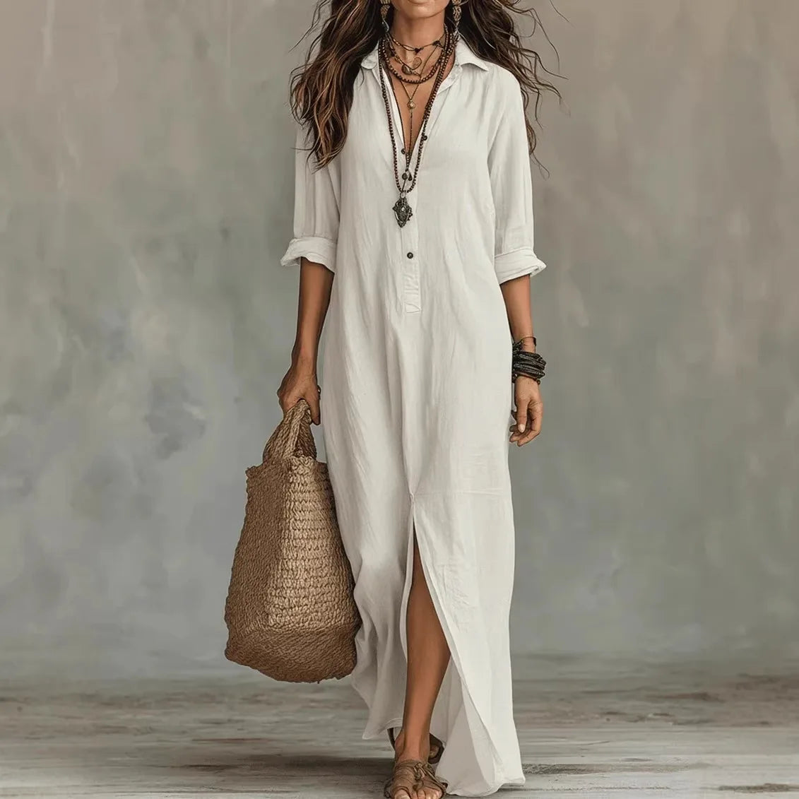 Femme Robe Chemise Maxi Manches Trois-Quarts col Rabattu et Fente Latérale