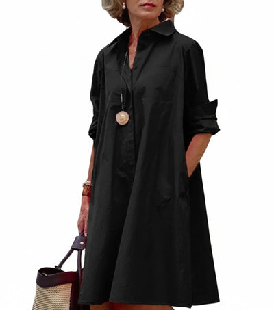 Femme Robe Chemise Midi à Col Chemisier, Manches Longues et Coupe Ample