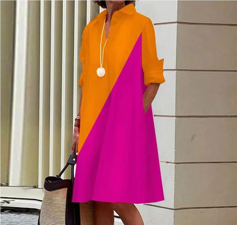 Femme Robe Chemise Midi à Col Chemisier, Manches Longues et Coupe Ample