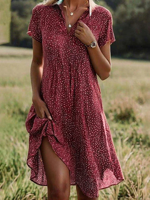 Femme Robe Chemise Midi à Manches Courtes avec Col V et Imprimé à Pois