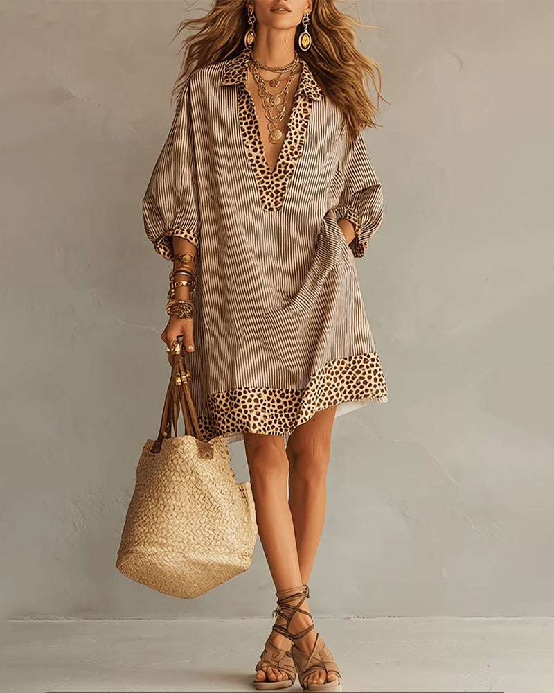 Femme Robe Chemisier Rayée à Imprimé Léopard avec Manches Trois-quarts Bouffantes et Col Chemise