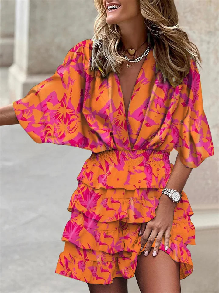 Femme Robe Courte à Imprimé Floral avec Col en V et Volants