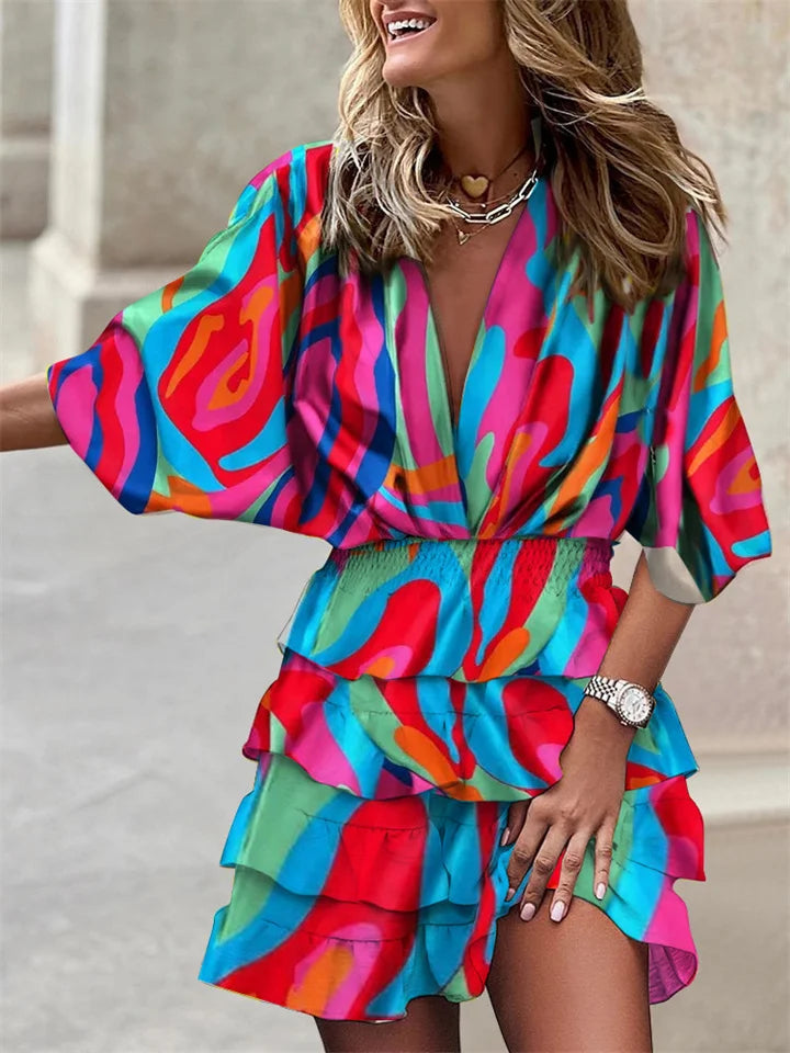 Femme Robe Courte à Imprimé Floral avec Col en V et Volants