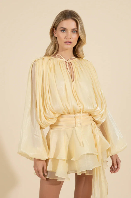 Femme Robe Courte Manches Ballon avec Ceinture et Volants
