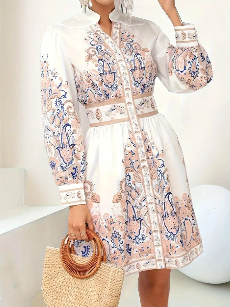 Femme Robe Courte Manches Longues à Imprimé Paisley avec Col Officier et Boutonnage