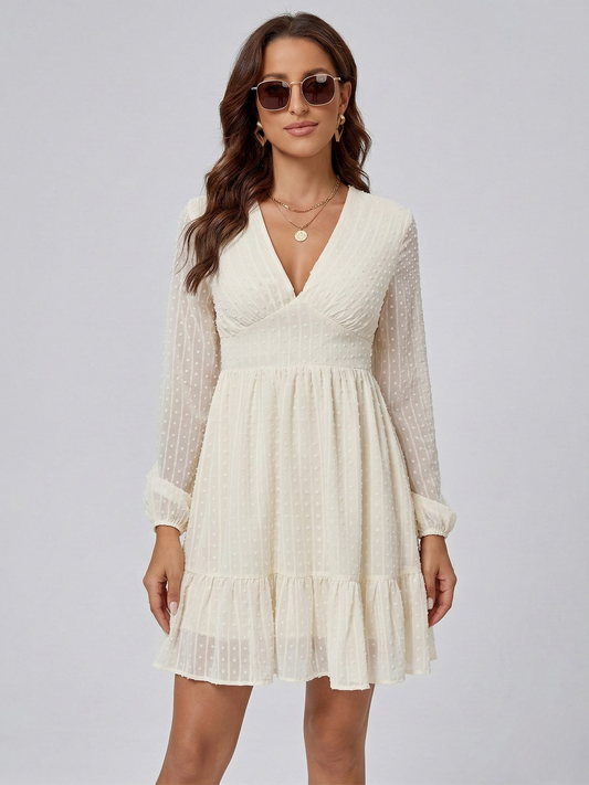 Femme Robe Courte Manches Longues avec Col en V et Volants