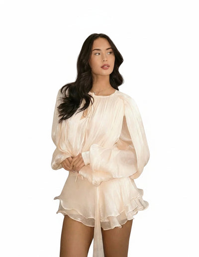Femme Robe Courte Plissée à Manches Bouffantes et Ceinture