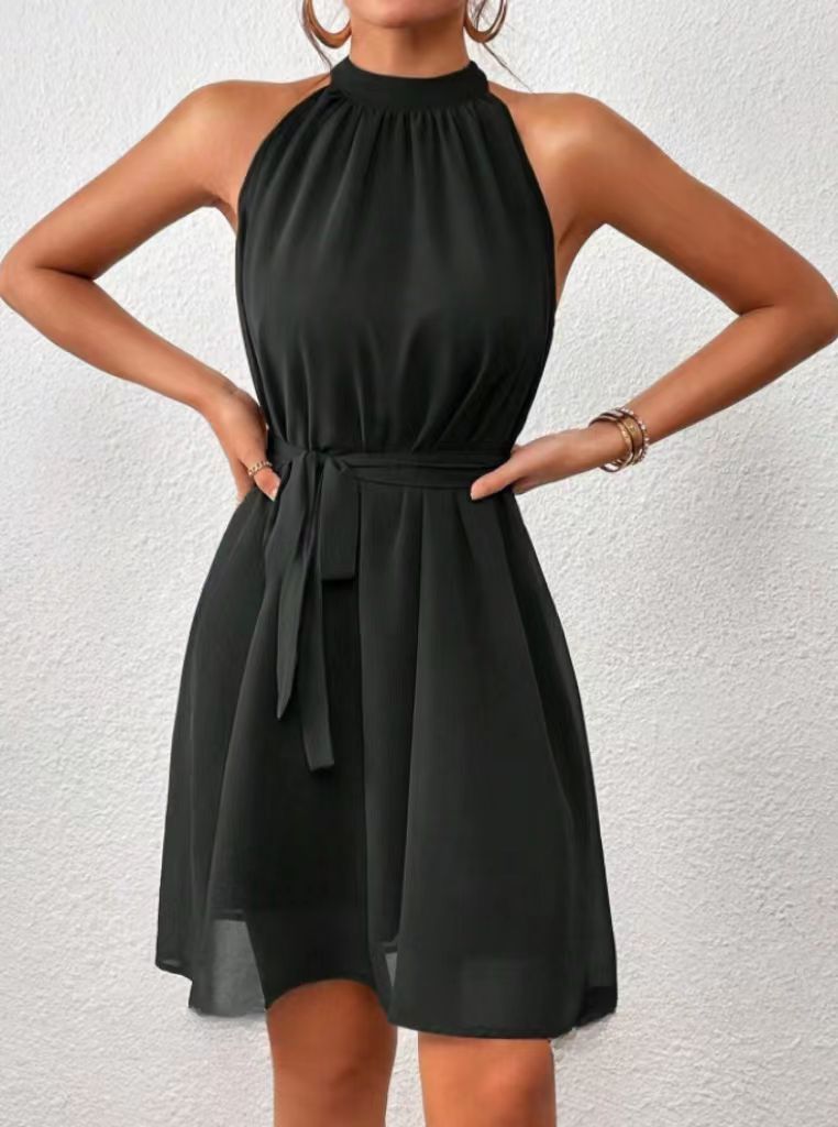 Femme Robe Courte Sans Manches col Halter avec Ceinture et Silhouette A-ligne