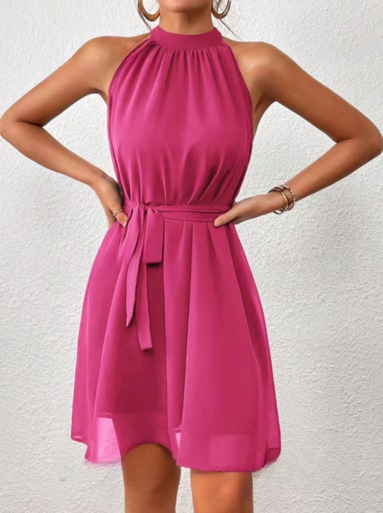 Femme Robe Courte Sans Manches col Halter avec Ceinture et Silhouette A-ligne